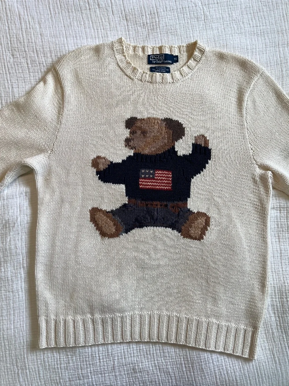 Vintage 90s Polo Ralph Lauren Hand Knit Sit Down Polo Bear USA Flag Sweater Rare